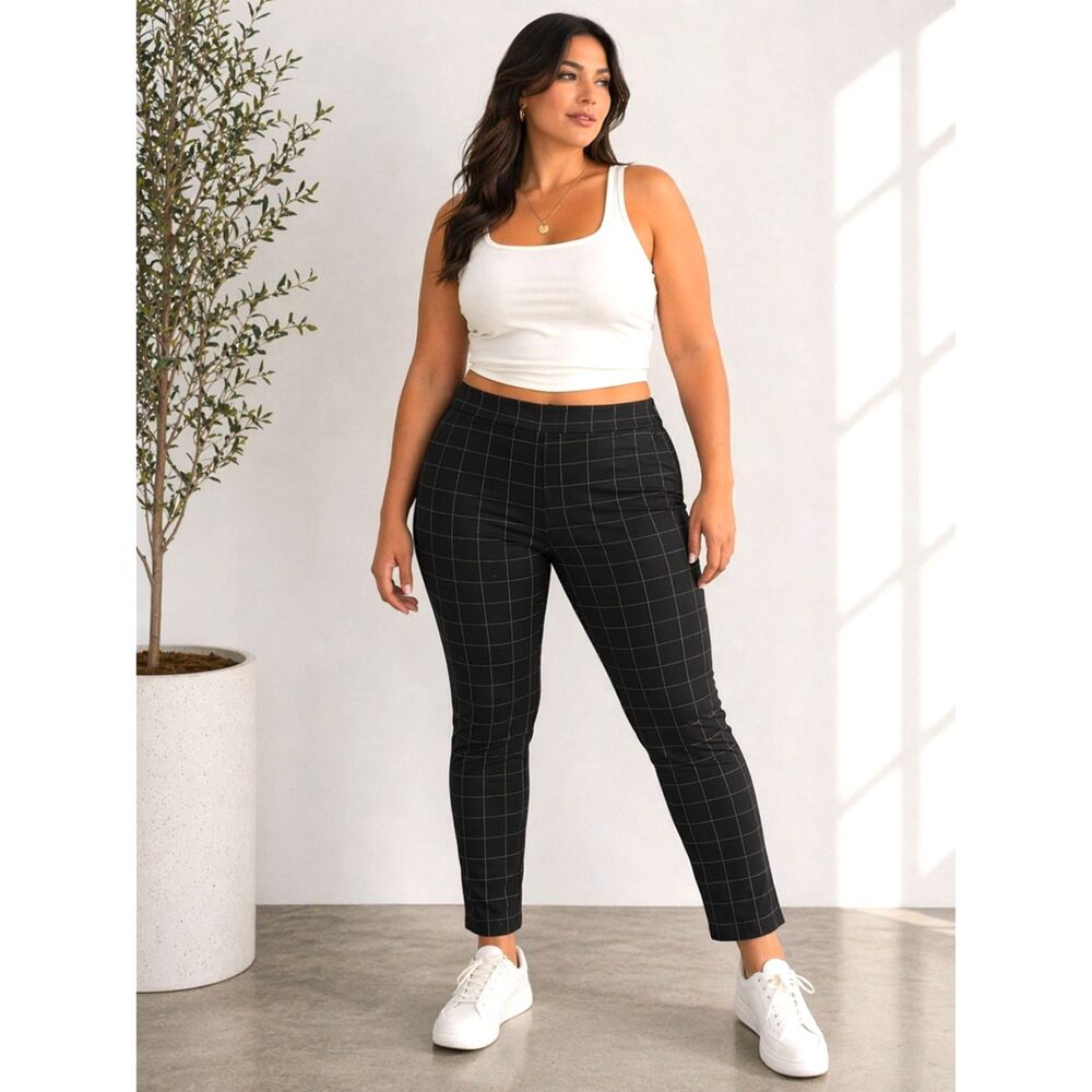 NWT Petite XL Black Windowpane Check Slimming Stretch Pants Scuba